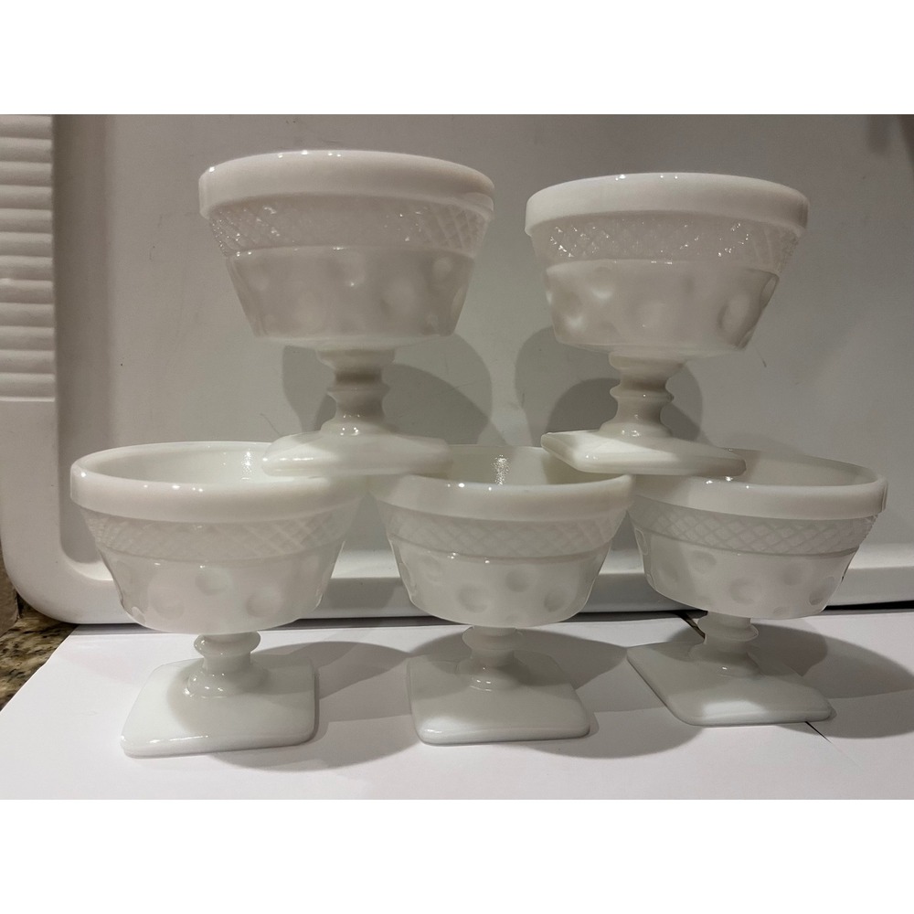 Set of 5 Vintage Milk Glass Hobnail‎ Pedestal Dessert Cups Goblets